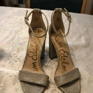 Sam Edelman silver Yaro sparkly sandals with block heel.